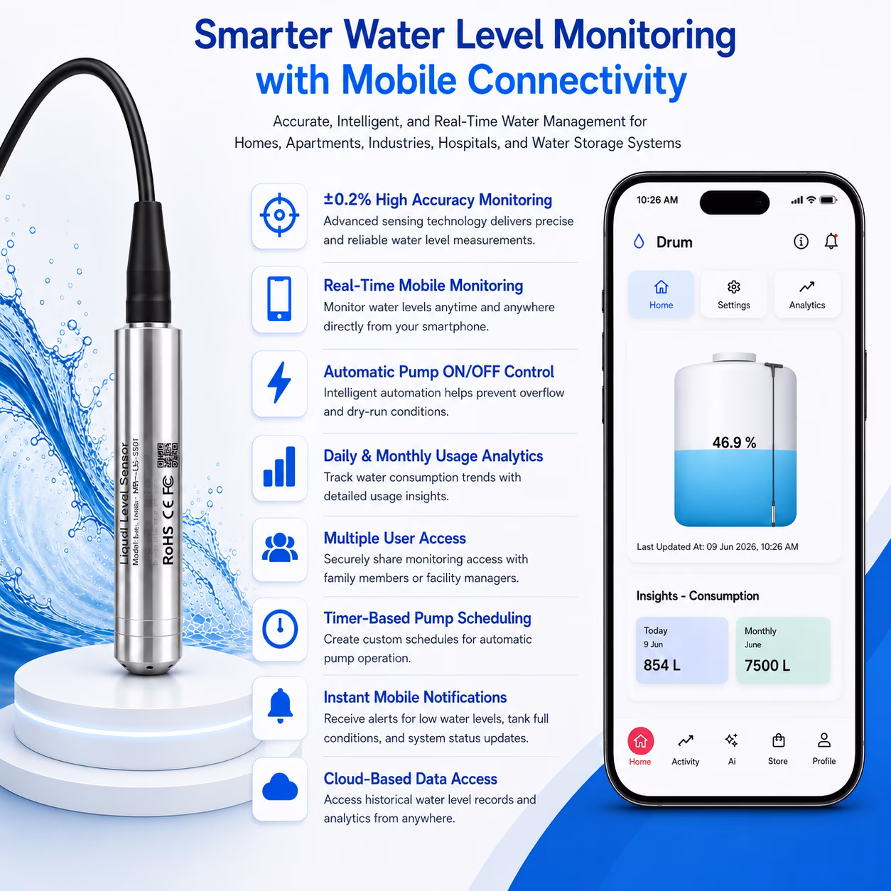 Water Level Sensor, 4 m, Stainless Steel image 4