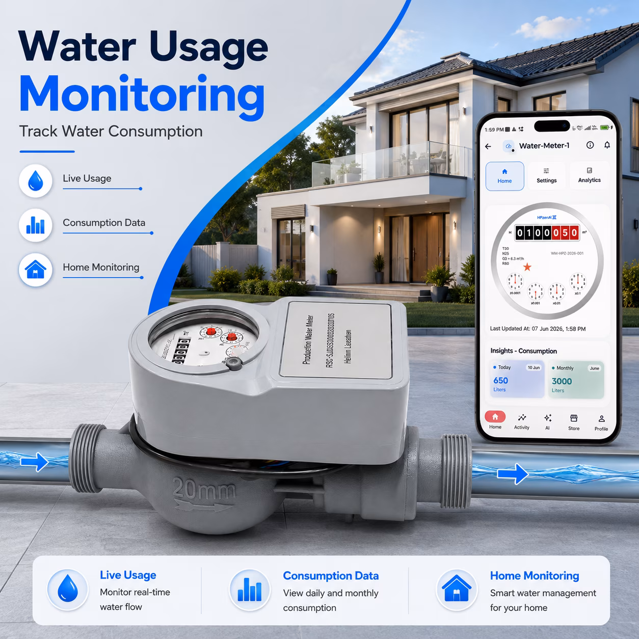 Multi-Jet Photoelectric Direct Reading Water Meter DN25 (1 in), Nylon, With Valve image 4
